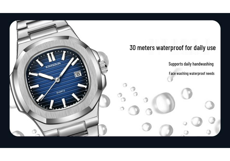 Jin Shidun Men's Luminous Quartz Skeleton Watch with Steel Band and Date Display.