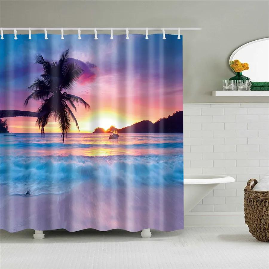 Meeresufer Strand Meereswelle Kokospalme Duschvorhänge Badezimmervorhang Stoff Wasserdicht Polyester Badvorhang Mit Haken