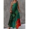 Women Sleeveless Dress Round Neck with 3D Print Long Maxi Dress for Summer Beach Vacation Casual Wear
