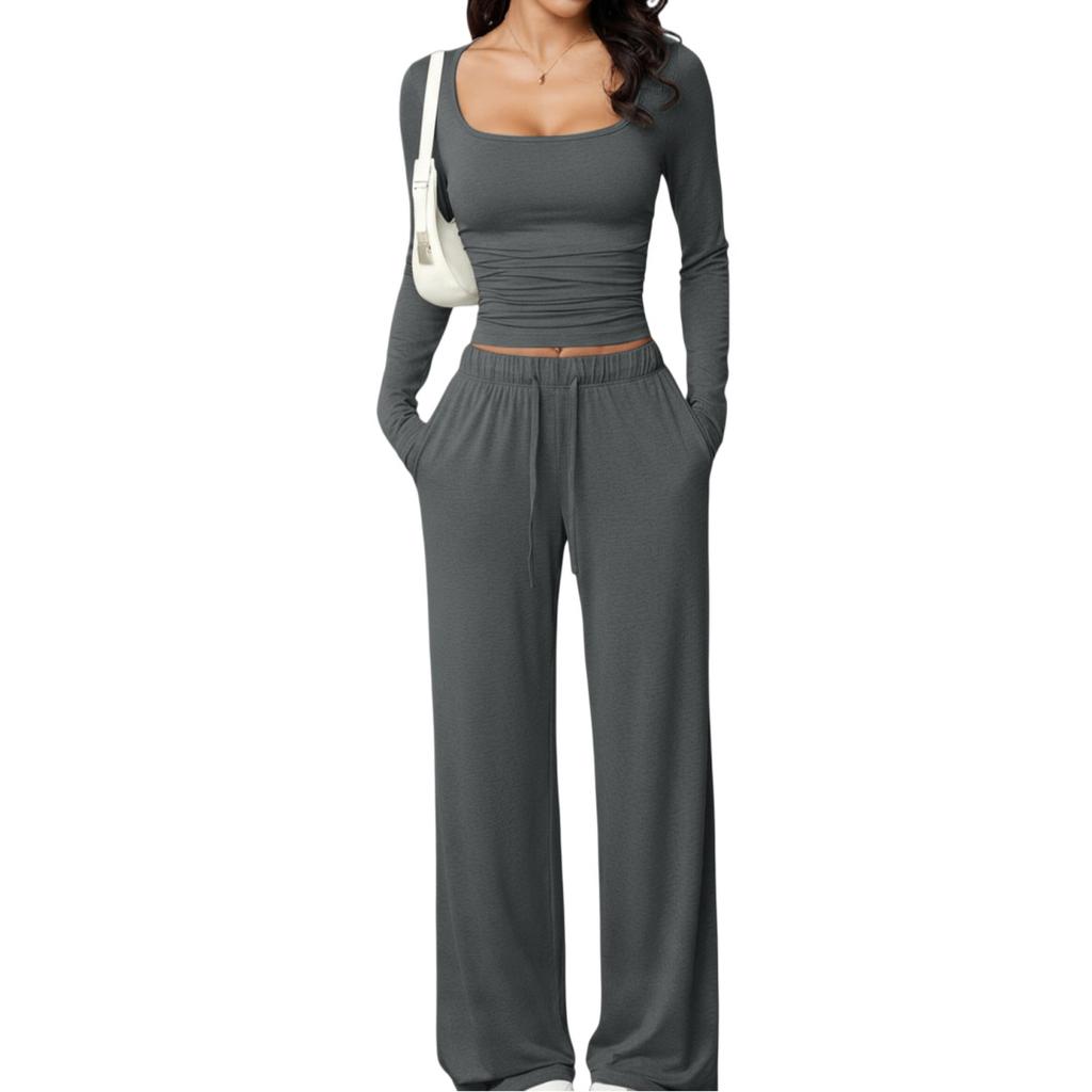 Autumn Casual Long Pants Set Square Neck Long Sleeve Short Top Women Sportswear