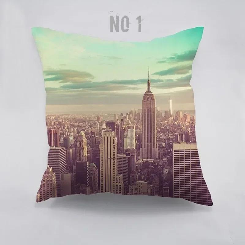 New York City View Dawn Pattern Cotton Cushion Cover For Home Car Couch Empire State Building Design Dark Night Pillw Case