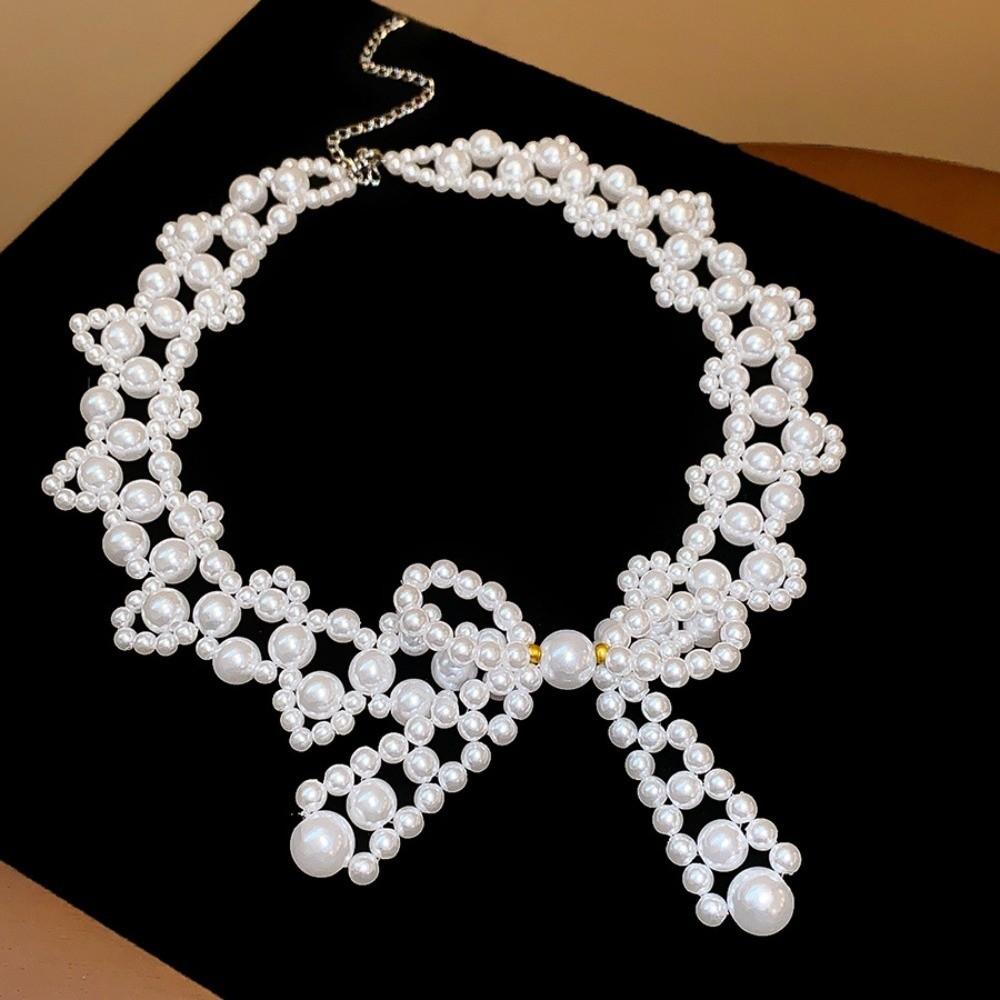 Imitation Pearl Clavicle Chain Women Pendant Collarbone Chain Exaggerate Bow Necklace  Summer