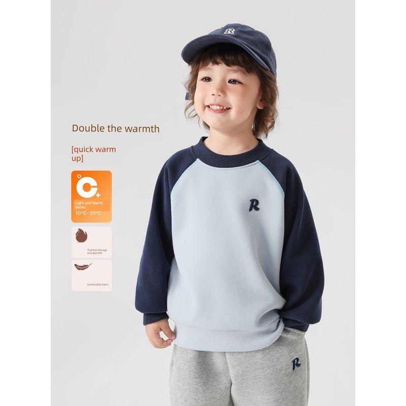 Right European Style Boys' Color-Block Raglan Sleeve Fleece Sweatshirt 2025 Winter New Children's Clothing Baby Warm Top