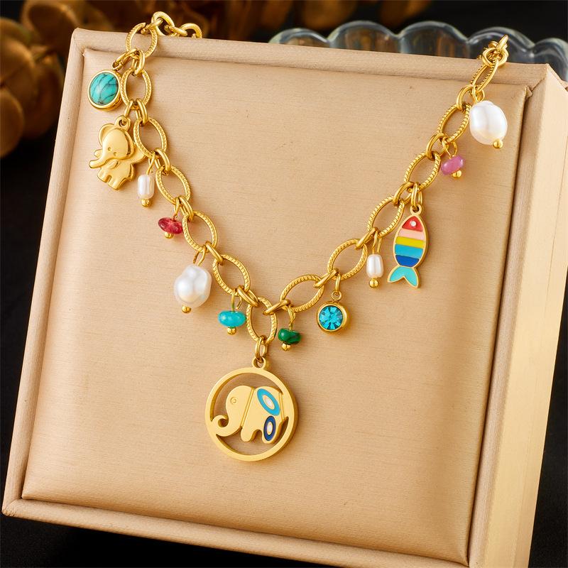 Stainless Steel Dopamine Bowknot Heart Elephant Necklace Women's Neck Chain Holiday Gifts