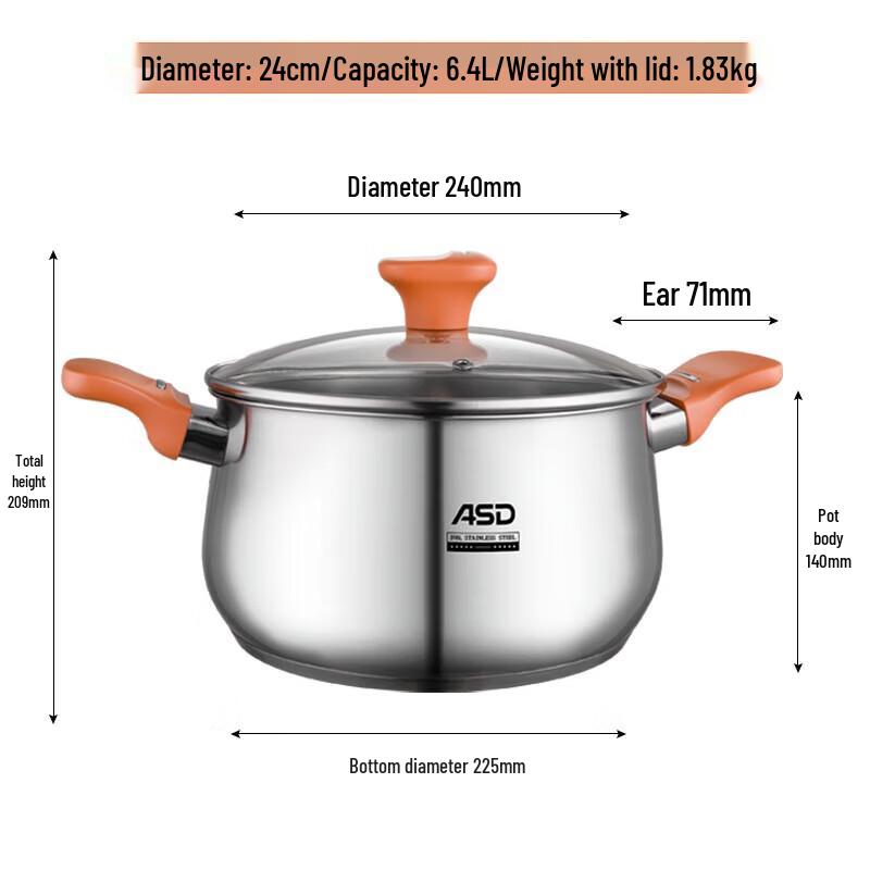 ASD 316L Stainless Steel 24cm Drum-shaped Soup Pot