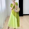 Loose Temperament High-end Round Neck Short Sleeved Mid Length Skirt for Children's New Pleated Casual Dress