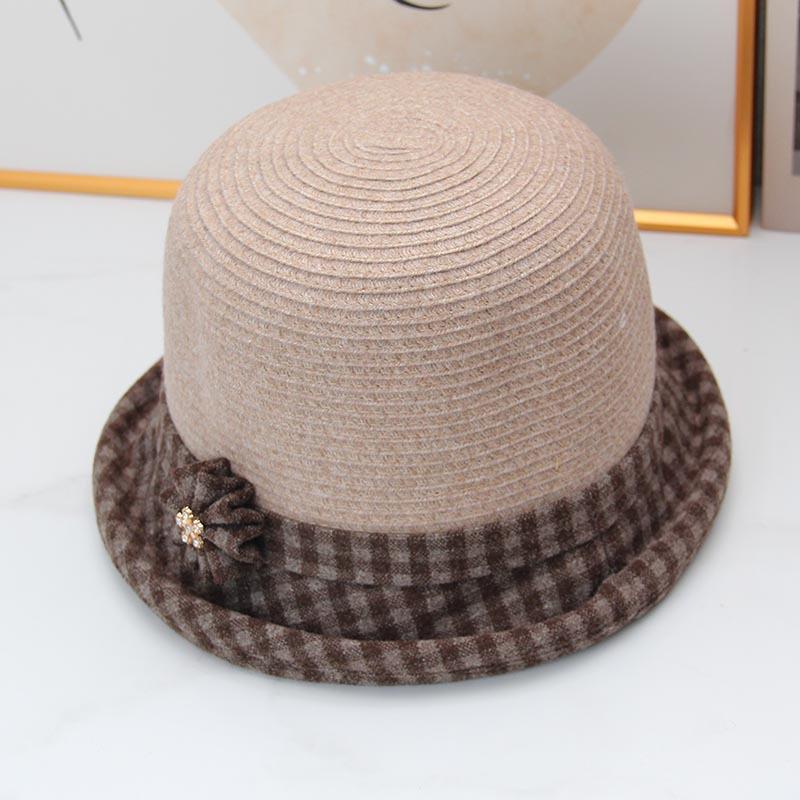 Autumn and winter middle-aged women's basin hat retro plaid crimped bucket hat foreign style mother hat flower decorative top hat thermal hat