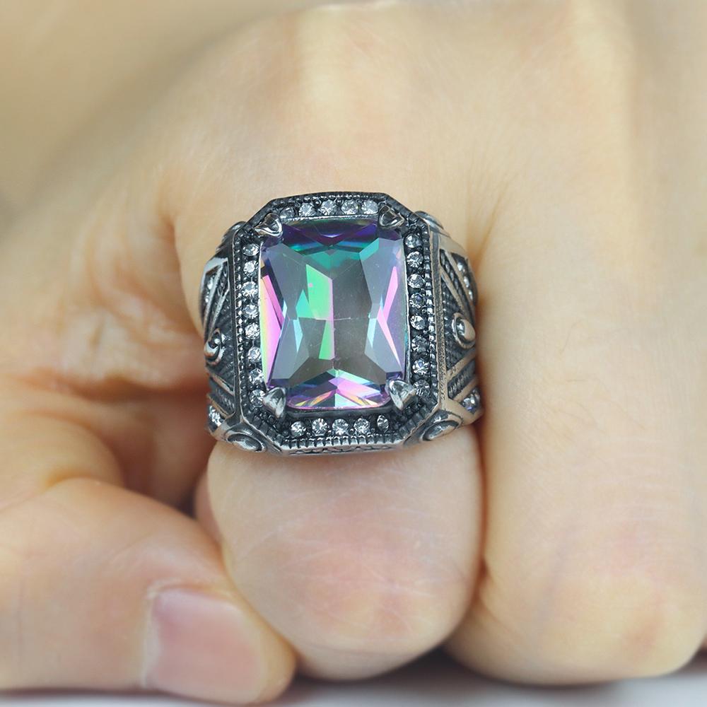 Fashion Vintage Punk Colorful Stone Rings Stainless Steel Handmade Turkish Signet Ring for Men Women Luxury Jewelry Wholesale