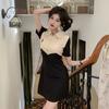[Long and Short] Contrasting Color Design Split Dress Women's New POLO Neck Waist Skinny Short Sleeve Skirt
