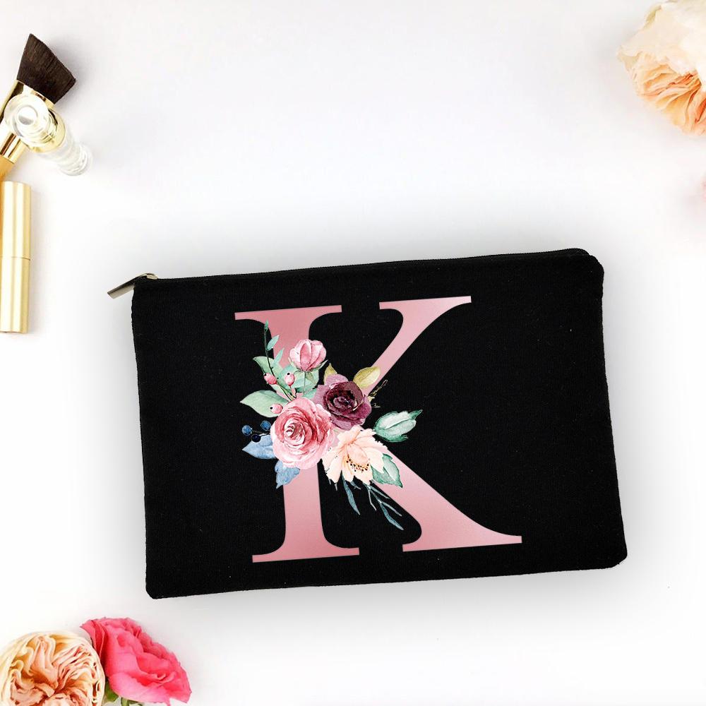 Pink Alphabet Flower A-Z Makeup Bag Make Up Pouch Women Shopping Travel Cosmetic Storage Lipstick Bags Large Capacity Organizer