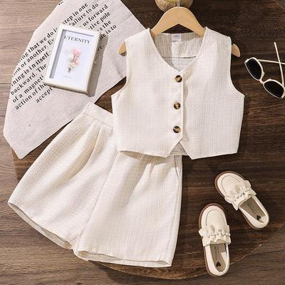 2025 Summer Girls' European & American Casual Solid Color Vest & Shorts Set