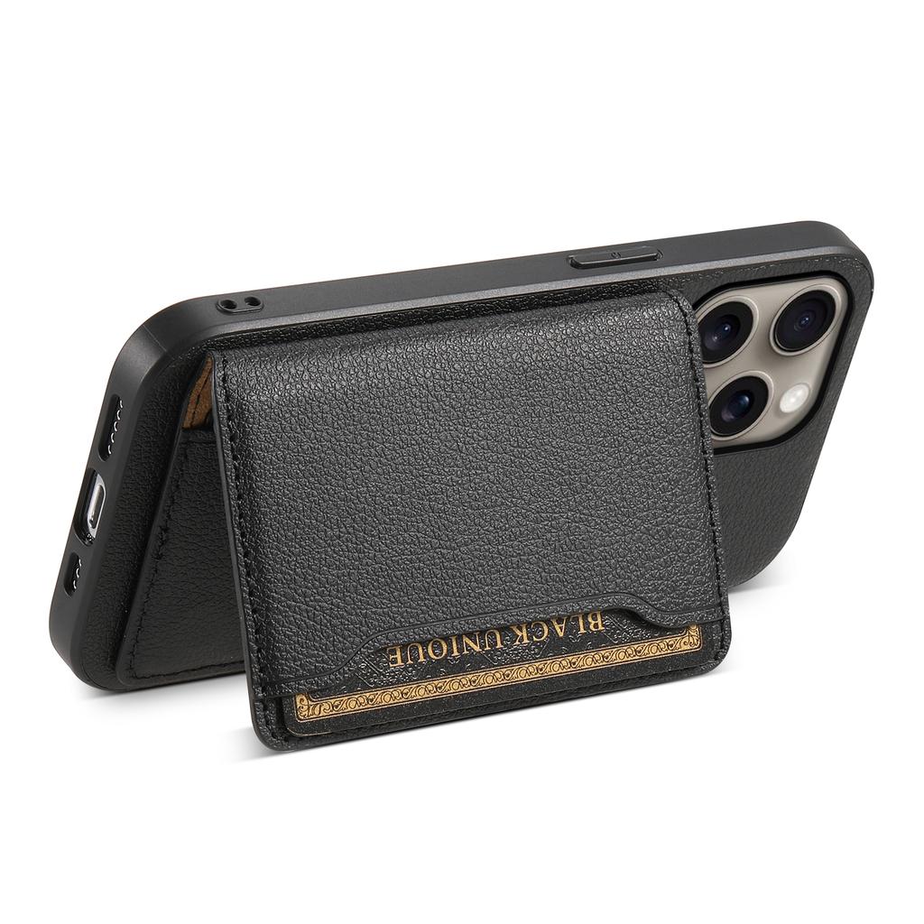 For iPhone 16 Pro Case Card Holder Kickstand Leather Coated PC+TPU Phone Cover
