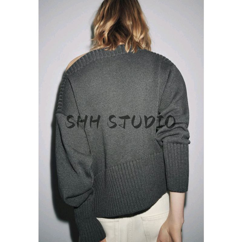 Fall New Women's Clothing French Rib Closing Pure Color Loose off Shoulder Long Sleeves Knitwear 6771139