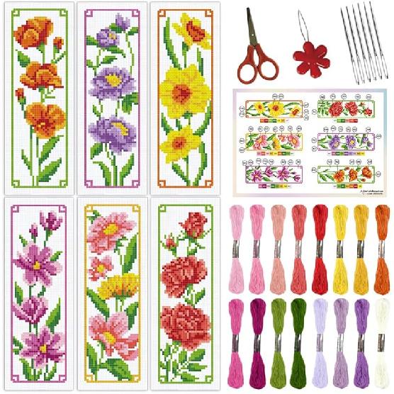 ORIGACH 6 Pcs Cross Stitch Bookmark Kit for Beginner Adults, Butterflies and Flowers Stamped Embroidery Bookmark Kit with Instruction for Starters