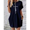 Damen Sommer Locker Kreuz Glaube Druck Rundhals Kurzarm Tasche Bequem Lässig Größe Kleid