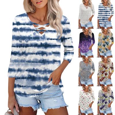 Women's Fashion Loose Cross V-Neck Seven Sleeve T-Shirt Vintage Floral Print Casual Top