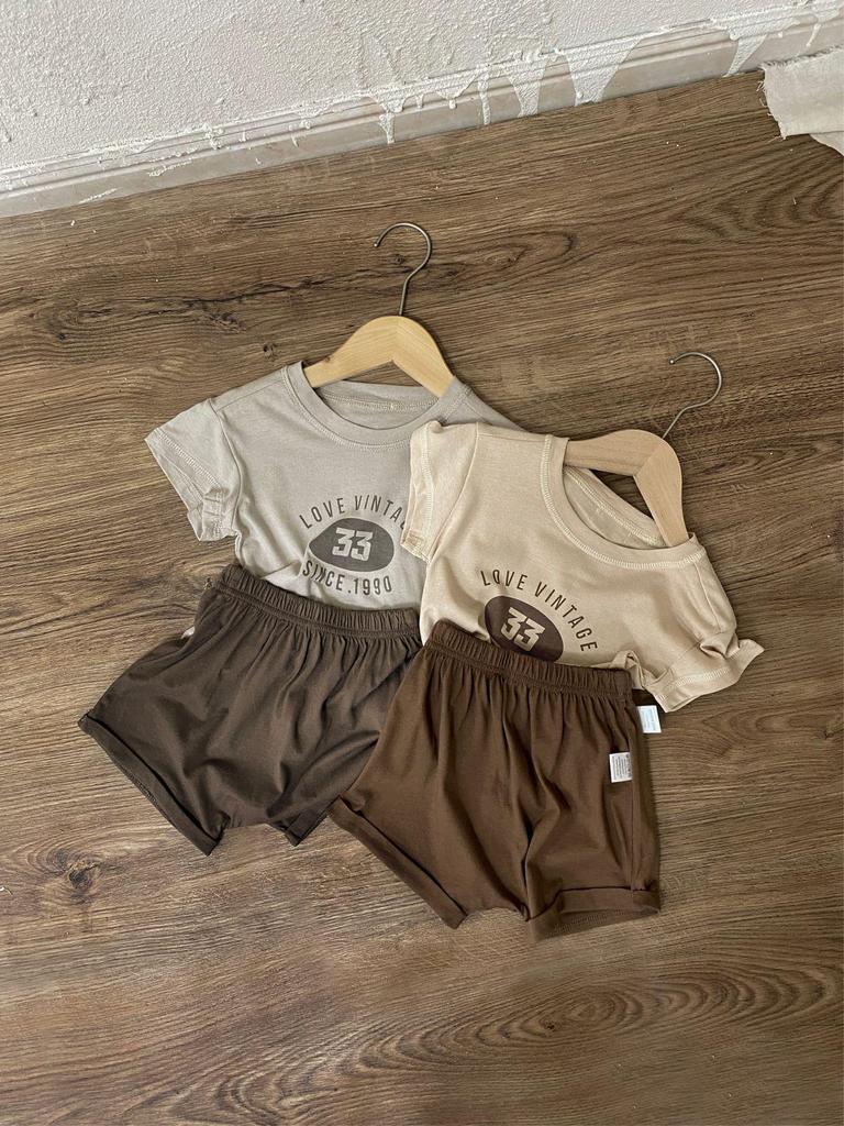 Children's Summer Short-Sleeve Two-Piece Set: Baby Letter Print T-Shirt & Bread Pants In Merade Color