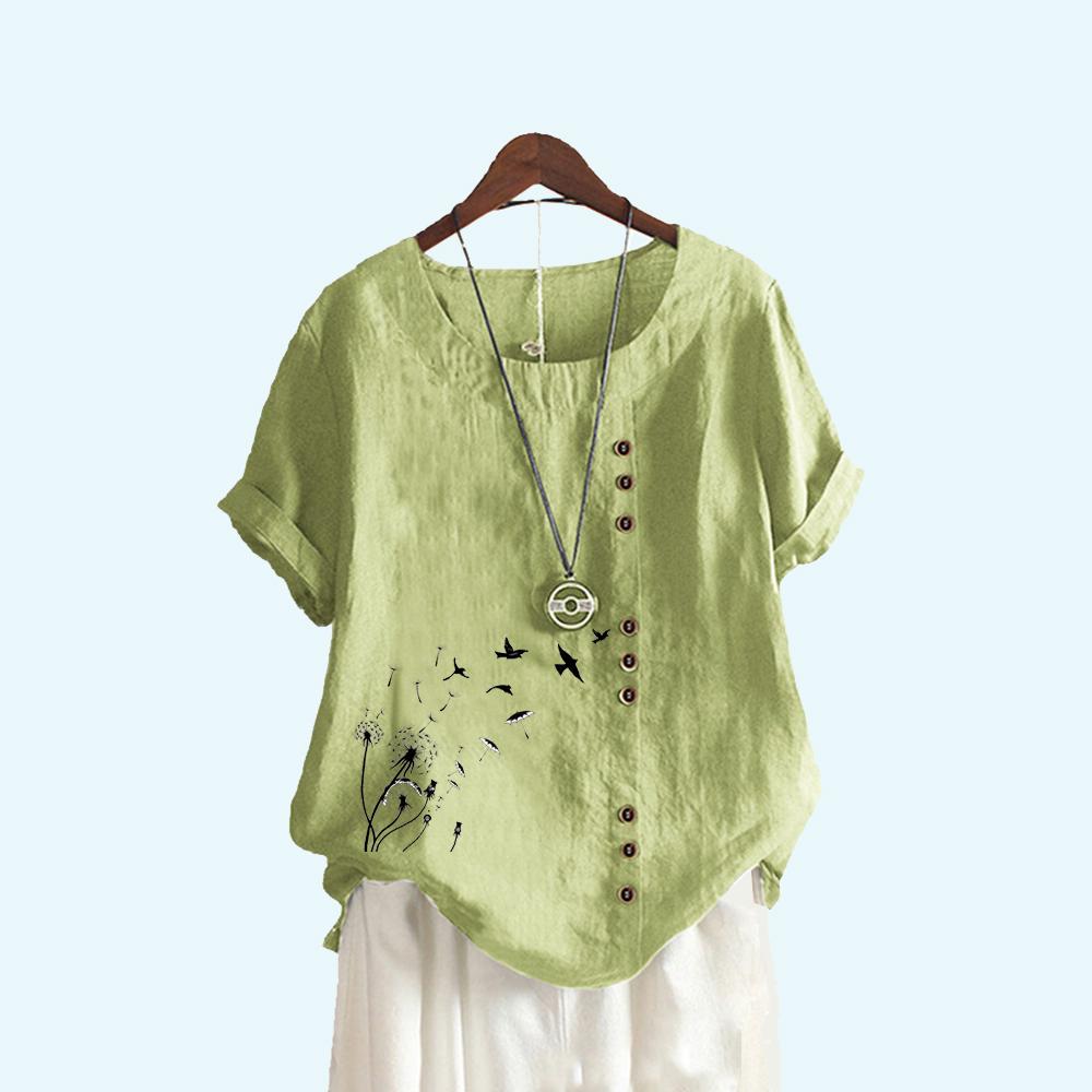 Frauen Mode Kurzarm T-shirt Sommer & Herbst Casual Rundhals Floral Print Top Pullover Lose Baumwolle Leinen Blusen