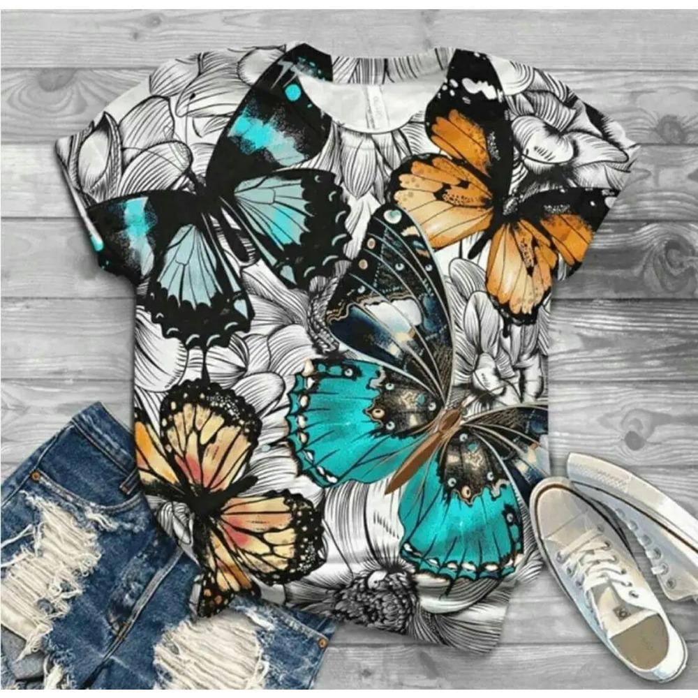 Butterfly Dragonfly Pattern 3D Print T-Shirts Women's Short Sleeves T Shirt Streetwear Y2k Harajuku Tees Tops Female Clothing