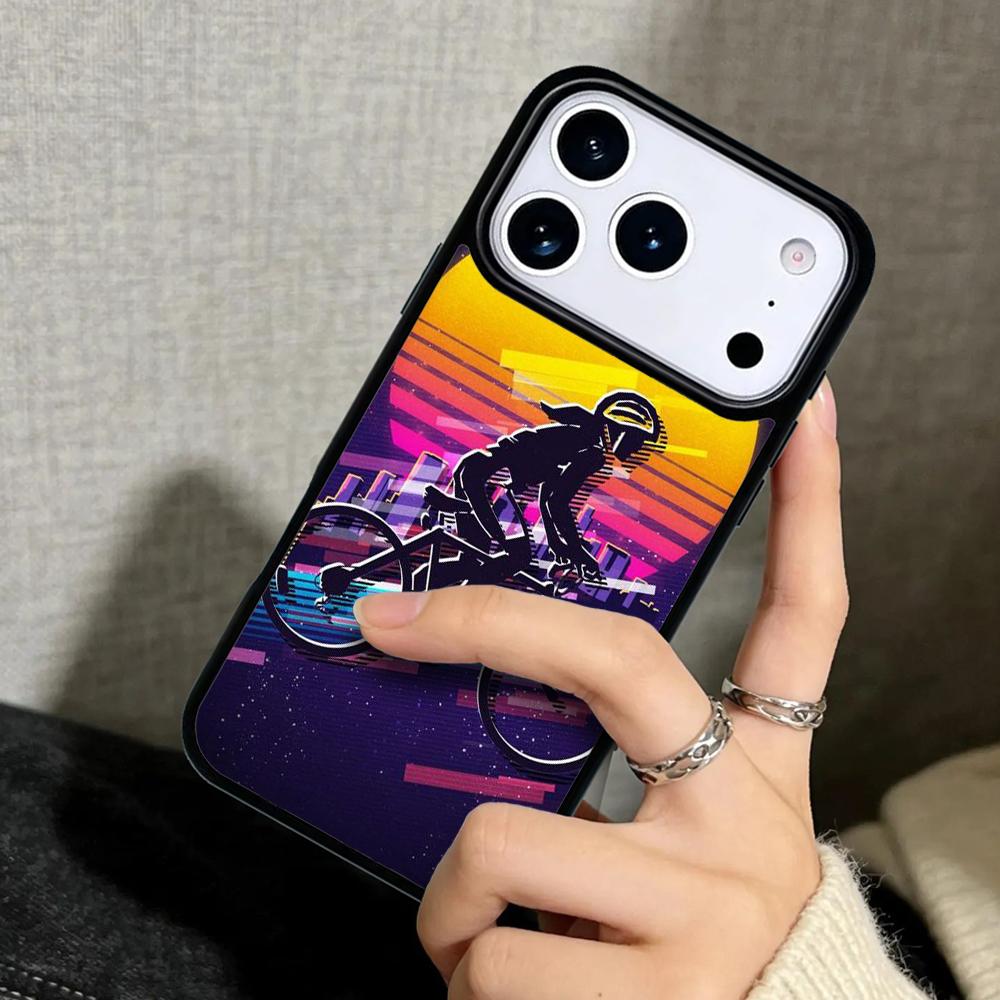 Capa Case for iPhone 17 Air 16 Pro Max 15 Plus 11 13 Mini 14 12 Back Phone Cover Road Bike Neon City Retro 1980