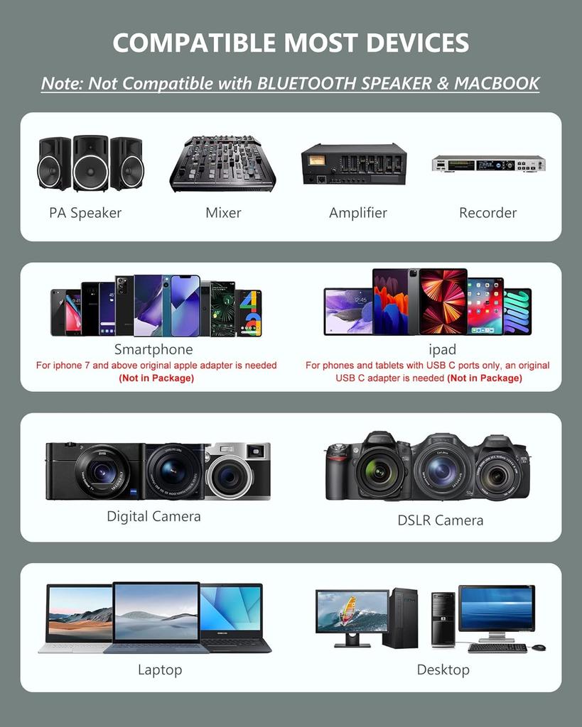 Rechargeable Wireless Microphone System PA Speaker Recording Microphone Headset/Stand/Lavalier Mic Bodypack Transmitter Receiver