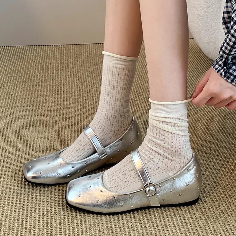 New Spring 2025 Fashion Women's Shoes Round Toe Shoeslong Socks Leather Shoes Riveted Buckles Mary Jane Women's Shoes