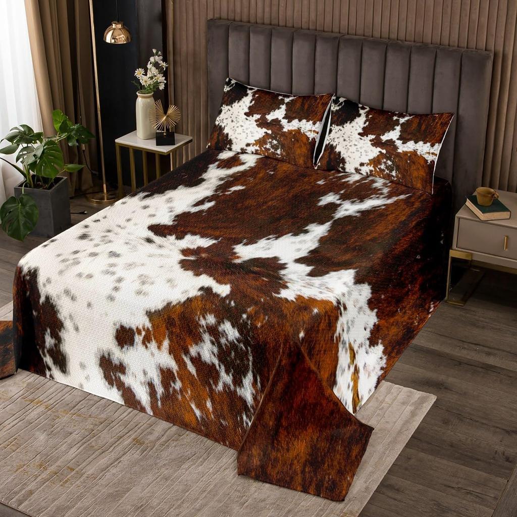 Cowhide Coverlet Set Farm Animal Fur Bedspread Queen/Full for Boy Girl Bedroom 2/3 Pcs Western Rustic Cowboy Farmhouse Quilt Set