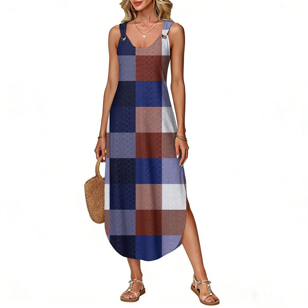 Women's Summer Long Dress, Sleeveless with Side Slits, Long Plaid Printed Vest Dress