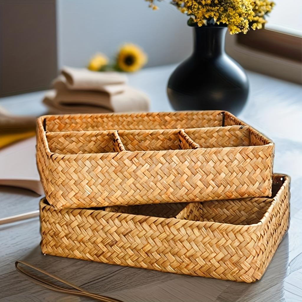 4 Grids Storage Basket Handmade Woven Willow Storage Basket For Clothes Cosmetic Stationery Hairpins Jewelry Accessories