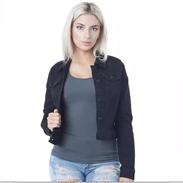 2024 Women's European Style Blue Denim Slimming Lapel Jacket - Single-Breasted, Solid Color, Street Fashion, Little Fragrance Cotton Jacket