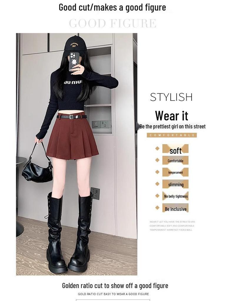 2024 A/W High Waist Woolen Pleated Wide-Leg Shorts - Casual, Versatile, Simple A-Line Design