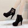 Women Chunky Heeled Ankle Boots Woman Metal Decoration High Heels Booties Autumn Lace Up Platform Short Boots
