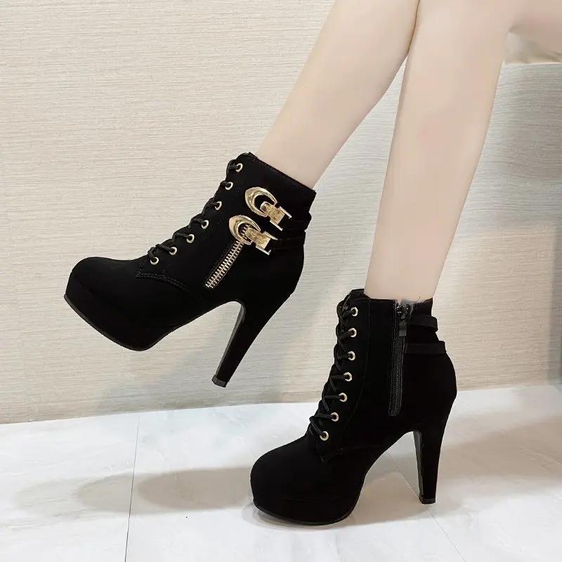 Women Chunky Heeled Ankle Boots Woman Metal Decoration High Heels Booties Autumn Lace Up Platform Short Boots