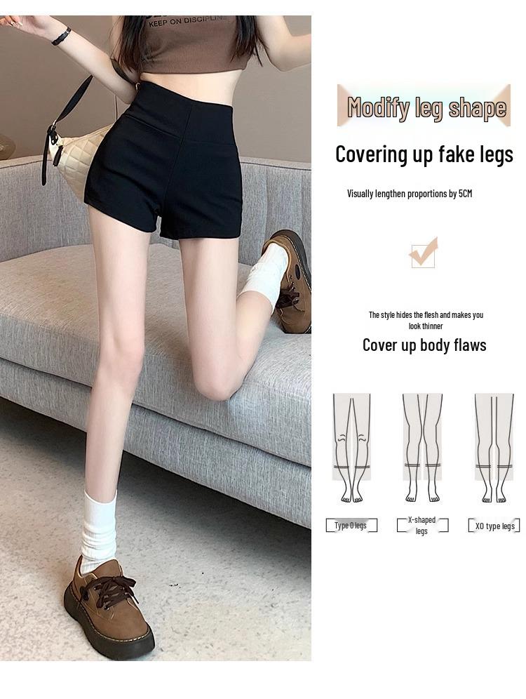 Women's Black High-Waisted Slim Fit Autumn Shorts, Petite Three-Point Hot Pants