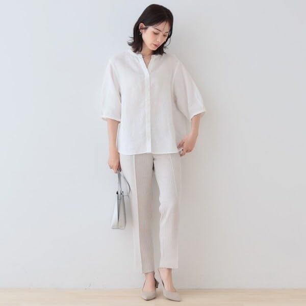 INDIVI Year Sleeve Band Collar Blouse 12782403 Navy Size 38 Shirt/Blouse [Every Popular!/French Linen] 5/8 Women's (094) (M)