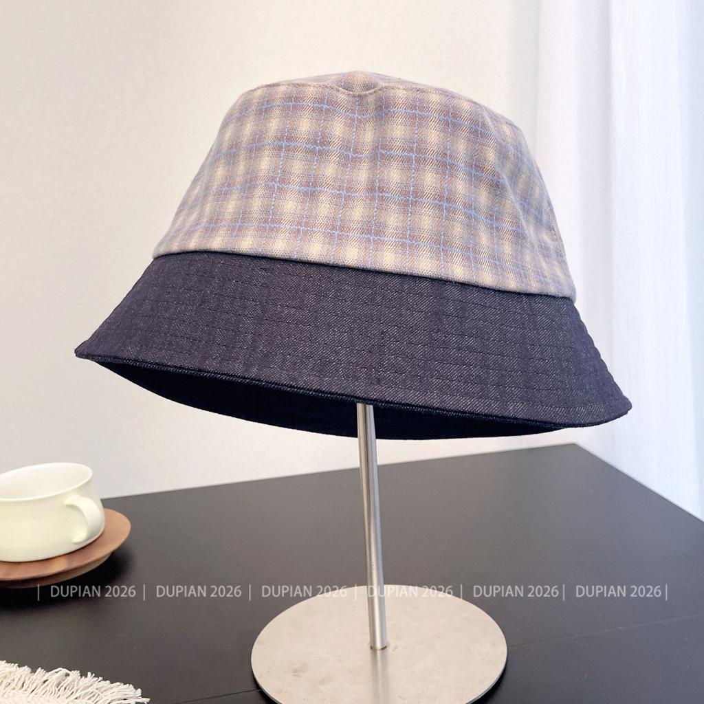 Minimalist Plaid Splicing Fashion Fisherman Hat Children's Autumn New Elegant Versatile Basin Hat Sunscreen Shade Cloth Hat Tide