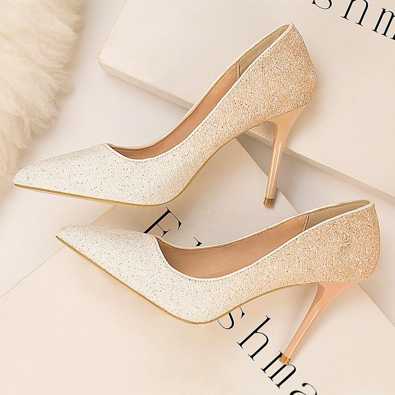 Wind Women's Shoes High Heels Shallow Mouth Pointed Gradual Change Sequins Sexy Thin Nightclub High Heels Single Shoes