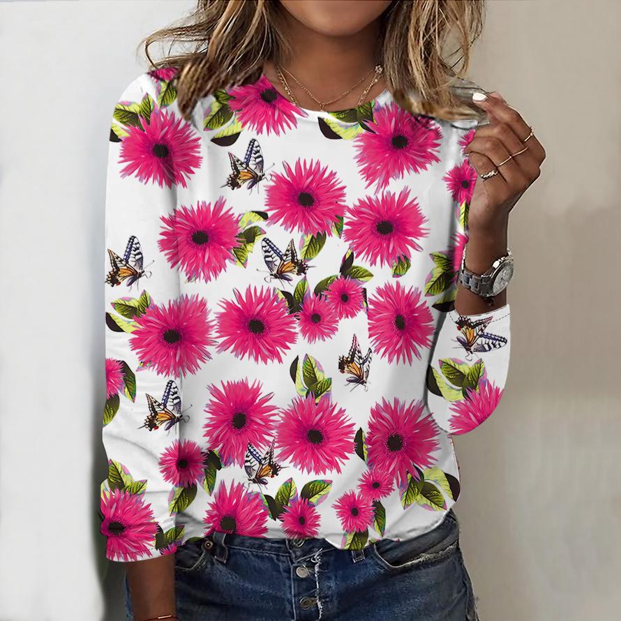 Oberteile für Damen Sonnenblumen- und Chrysanthemen-Druck Rundhals Langarm-T-Shirt Herbst Casual Slim Pullover Damen Langarm-Oberteil
