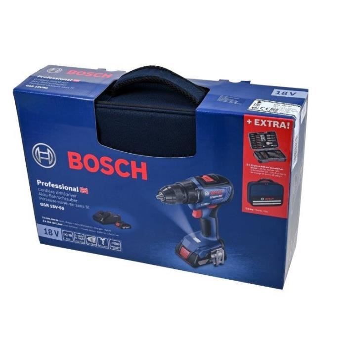 Bosch Professional GSR 18V-50 Cordless Drill/Driver + 2 X 2.0Ah Batteries + GAL 18V-20 Charger + 43 Accessories