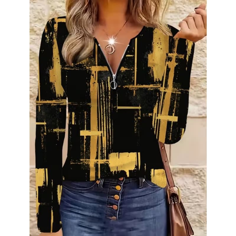 T-shirt da donna con stampa creativa, zip e maniche lunghe, traspirante, morbida e confortevole, adatta per l'abbigliamento casual tutto l'anno