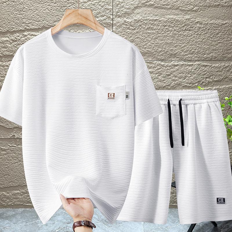Men's Summer High-Stretch Plus Size Set Lightweight Breathable Crew Neck Pocket Short-Sleeve Top + Shorts Solid Color Two-Piece Set