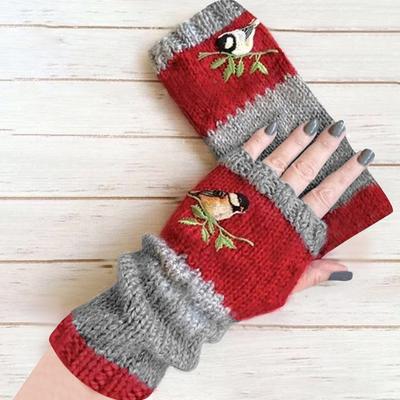 1 par de luvas femininas bordadas para inverno ao ar livre, luvas sem dedos, luvas de costura em bloco de malha