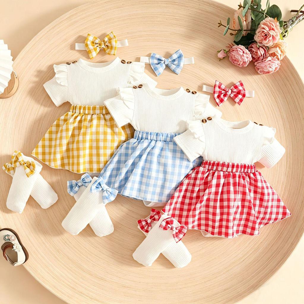 Cross0 Baby Girl Plaid Dress Set: Summer Short-Sleeve Dress + Bow Foot Cover + Hair Tie