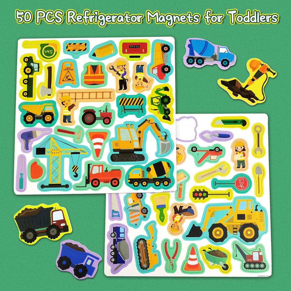 Construction Site Fridge Magnets for Toddlers, 50 PCS Refrigerator Magnets for Kids, Create a Scene Magnetic Play Sticker Book Travel Game