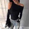 European and American 2025 Women clothes Spring New Fashion Sexy Solid Long sleeve off-the-Shoulder Double-Layer Chest Film T-shirt Top Women
