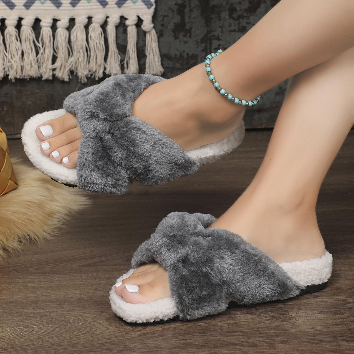 

Мода 2024 Новые женские нескользящие плюшевые тапочки на толстой подошве Осень Зима Новые домашние комнатные хлопковые сандалии Женские милые плюшевые туфли тапочки 43 серый