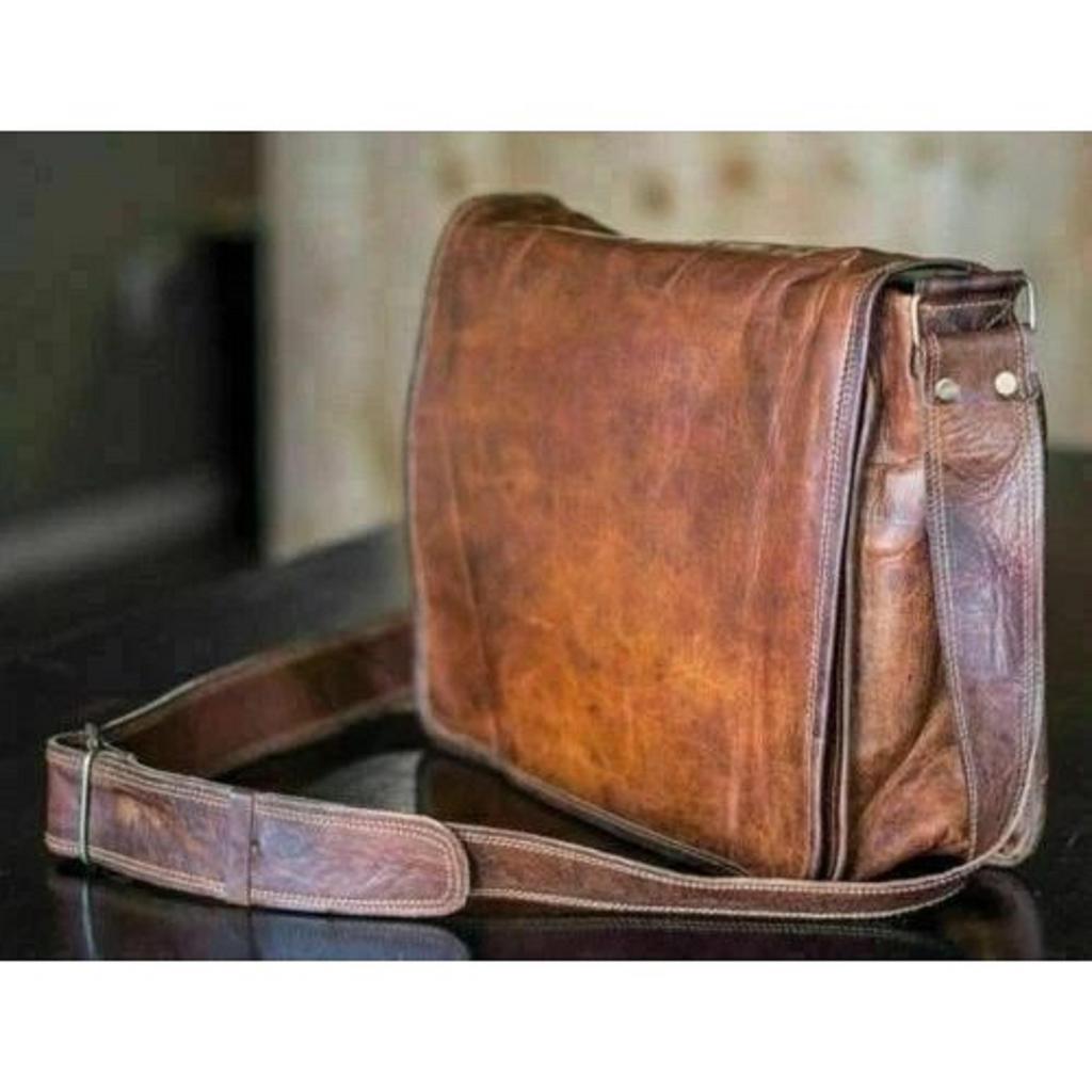 Goat Leather Bag Genuine Messenger Laptop Men's Satchel Real Brown Briefcase New