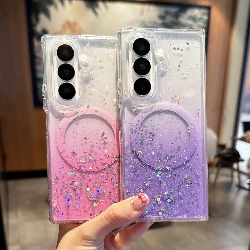 Transparent Glitter Gradient Magnetic Phone Case for Samsung Galaxy Z Fold 7 6 5 4 3 5G for Magsafe Wireless Charge Cover