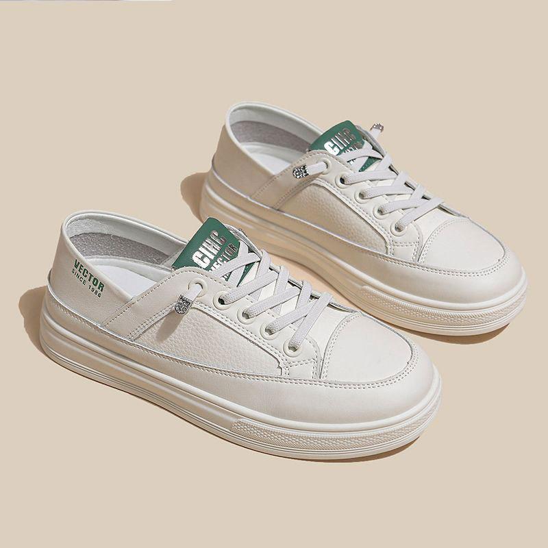 

кожаные маленькие белые туфли на толстой подошве женские 2025 весна новая обувь на доске с одним педалем и двумя способами носки супер огонь универсальная повседневная спортивная обувь 40 зелёный