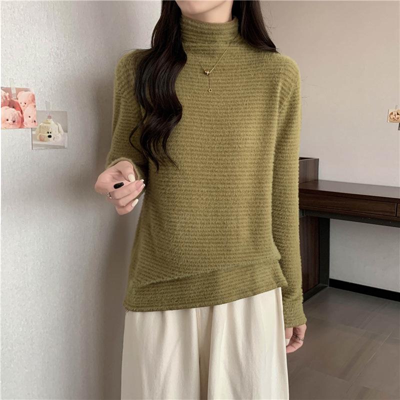 Women's Winter 2022 Mink Velvet Lace Shirt - Slim Fit, Half-High Collar, Solid Color Top